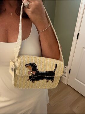 Cream & Yellow Dachshund beaded  Bag